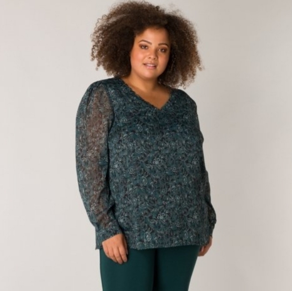 NWT Yesta Plus Size Teal Floral Ruffle Blouse Sheer Flowy Boho Romantic Top